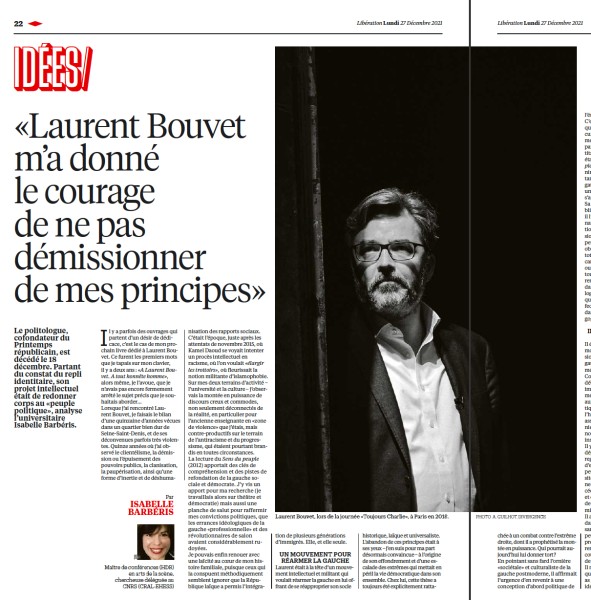 Laurent Bouvet dans Libération © Alain Guilhot