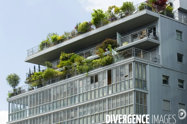 Mai 2016.Terrasses plantees sur un immeuble neuf de logement dans l eco  quartier du Trapeze