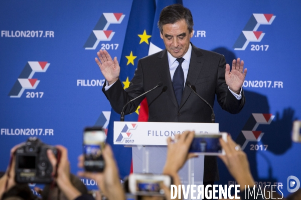 Déclaration de François Fillon à la Maison de la Chimie après sa victoire au second tour de la primaire de la droite et du centre.