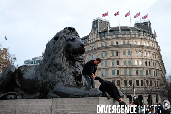 Londres.Des touristes montent sur un des quatre lions qui protegent la colonne Nelson a Trafalgar Square