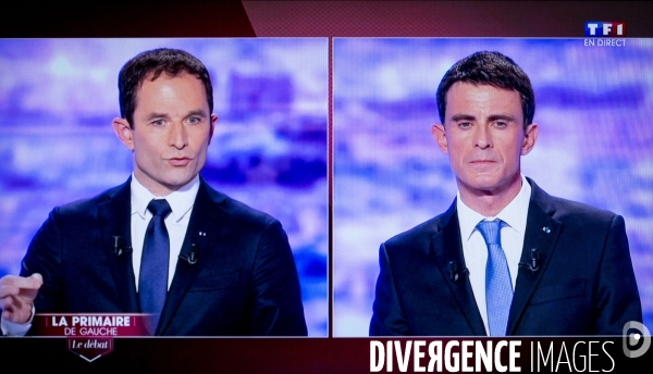 Photos d écran du premier débat des candidats à la primaire de gauche ( La Belle Alliance populaire ) pour l élection présidentielle de 2017.