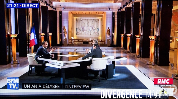 Photo d écran de l interview du président de la république Emmanuel MACRON par Jean-Jacques BOURDIN et Edwy PLENEL.