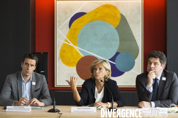Point presse de Valérie Pécresse, Tony ESTANGUET et Vincent ROGER sur les JO Paris 2024 en Île-de-France.
