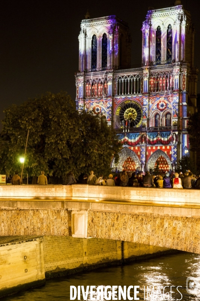 Le spectacle Dame de Coeur de Bruno SEILLIER sur la façade de Notre Dame de Paris.