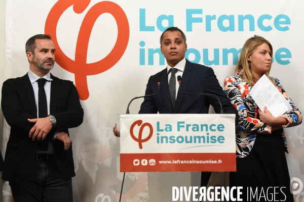 La France Insoumise. Conférence de presse des avocats de LFI, Sophie Chikirou, Jean-Luc Mélenchon...
