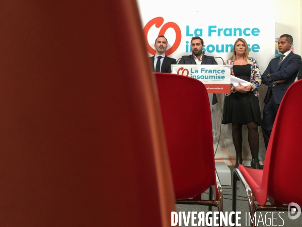 La France Insoumise. Conférence de presse des avocats de LFI, Sophie Chikirou, Jean-Luc Mélenchon...