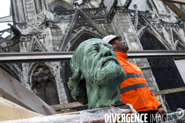 Dépose des 16 statues de la flèche de Notre-Dame de Paris.