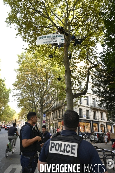 Le cordiste arboriste Thomas BRAIL du GNSA fait une grève de la faim dans un platane, devant le ministère des transports à Paris.