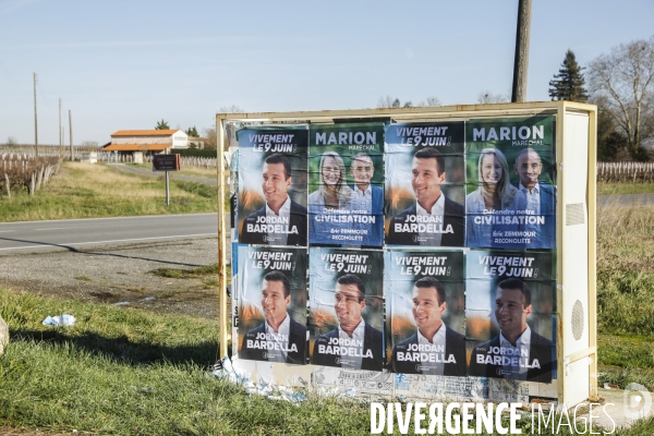Affiche dans le Médoc pour les élections européennes de Jordan BARDELLA , Marion MARÉCHAL et Éric Zemmour