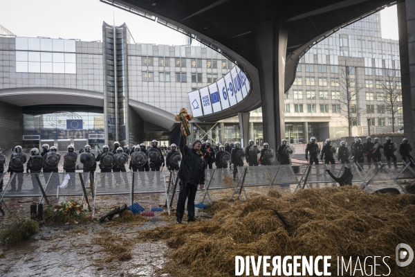 Manifestation des agriculteurs et agricultrices européen.ne.s devant le Parlement européen à Bruxelles.