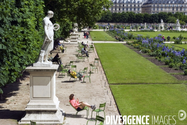 Illustration Juin 2013..Une femme lit un livre au soleil dans les  jardins des Tuileries