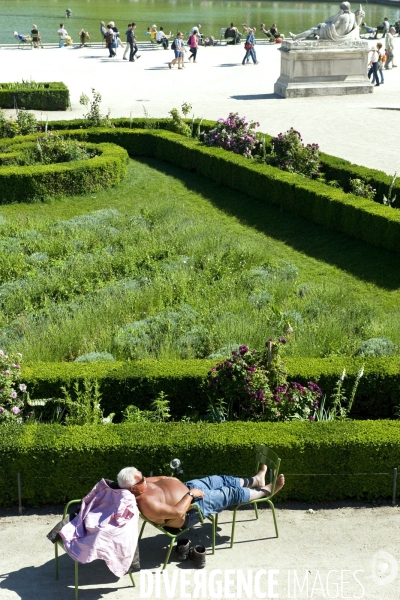 Archives Juin 2015.Un homme fait la sieste  en prenant le soleil torse nu au jardin des Tuileries a Paris