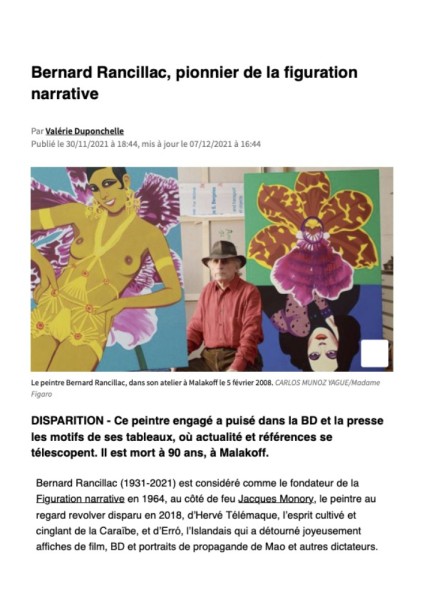 Le Figaro Madame Bernard Rancillac, pionnier de la figuration narrative