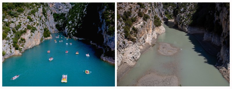 été 2022, la sécheresse Sècheresse été 2022 Le lac de Sainte Croix, au débouché des gorges du Verdon, Alpes de Haute Provence. Le lac est victime de la sècheresse de l'été 2022, son niveau est au plus bas. Photo de gauche, à son niveau habituel les années précédentes, photo de droites, au mois d'août, les activités nautiques sont impossibles   