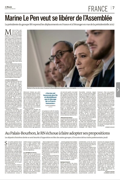 Le Pen aux voeux à la presse du RN par Cyril Bitton dans Le Monde