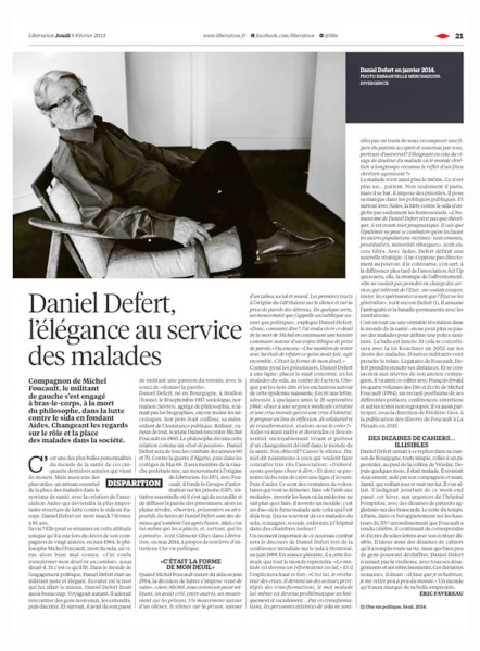 Daniel Defert ( 10 Sept.1937 / 7 Février 2023) dans Libé ©emmanuelle marchadour