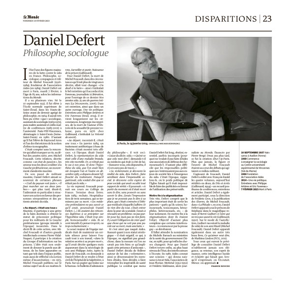 Daniel Defert (10 Sept 1937-7 Février 2023) dans Le Monde ©emmanuelle marchadour