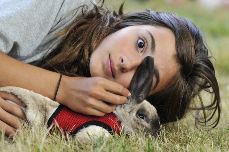 Les zanimaux et les loupios Une fille de 12 à 14 ans avec son lapin bélier. A little girl caressing her rabbit. 