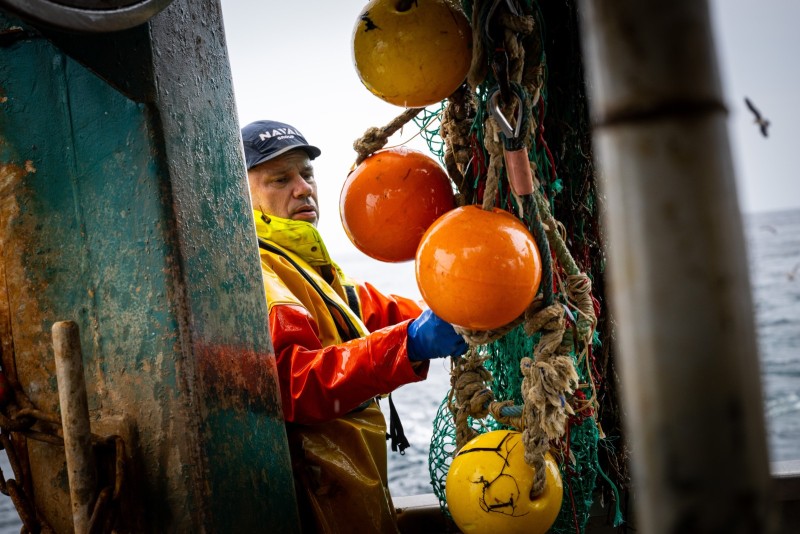 Reportage : Langoustinier Jounee de pêche a bord du chalutier Phalene III. Ce bateau de 14m en polyester de 1996 avec 4 marins a bord peche la langoustine au large de Lorient. Port Louis, FRANCE - 15/08/2022.