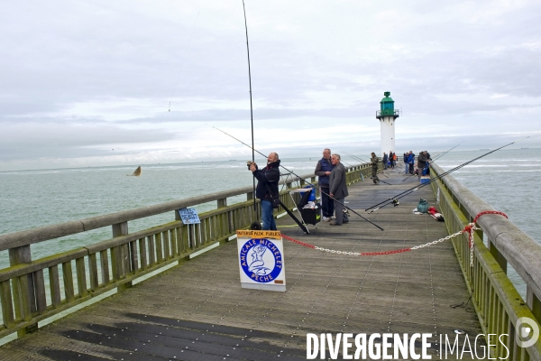 Mai 2016.Concours de peche sur la jetee.Un pecheur remonte un carrelet au bout de sa ligne