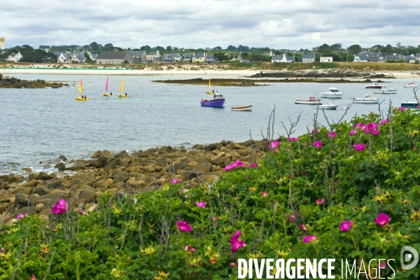 Bretagne.Des voiliers de l ecole de voile sortent du port de Mazou