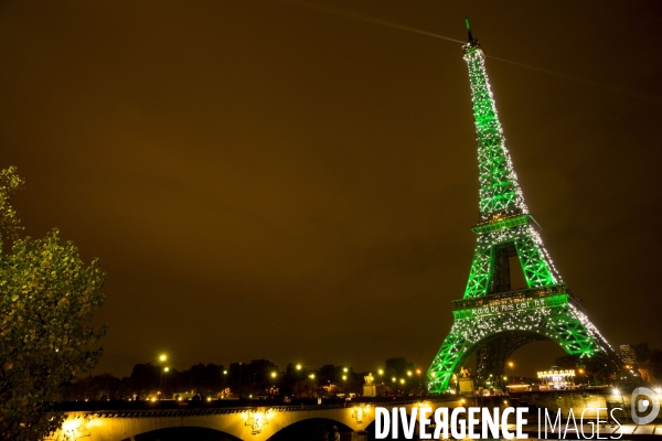 La Tour Eiffel et  l Arc de Triomphe s illuminent en vert pour  célébrer l entrée en vigueur de l accord de Paris sur le climat, conclu lors de la COP21.