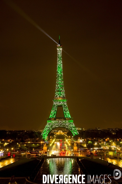 La Tour Eiffel et  l Arc de Triomphe s illuminent en vert pour  célébrer l entrée en vigueur de l accord de Paris sur le climat, conclu lors de la COP21.