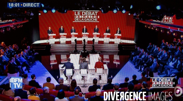 Photos d écran du deuxième débat des candidats à la primaire de gauche ( La Belle Alliance populaire ) pour l élection présidentielle de 2017 sur BFMTV ei iTELE.