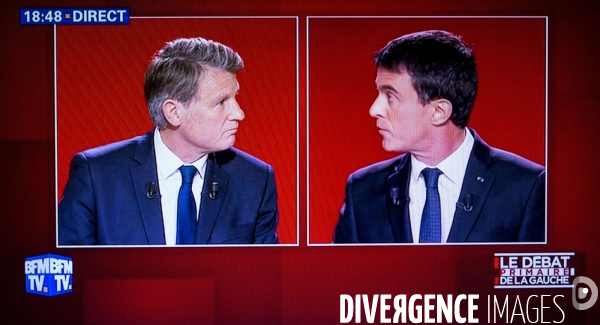Photos d écran du deuxième débat des candidats à la primaire de gauche ( La Belle Alliance populaire ) pour l élection présidentielle de 2017 sur BFMTV ei iTELE.