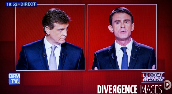 Photos d écran du deuxième débat des candidats à la primaire de gauche ( La Belle Alliance populaire ) pour l élection présidentielle de 2017 sur BFMTV ei iTELE.