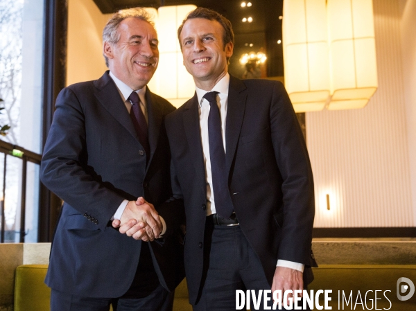 François Bayrou président du MODEM et Emmanuel MACRON leader du mouvement En Marche! tiennent une conférence de presse après un entretien pour sceller leur alliance pour les élections présidentielles de 2017.