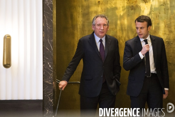 François Bayrou président du MODEM et Emmanuel MACRON leader du mouvement En Marche! tiennent une conférence de presse après un entretien pour sceller leur alliance pour les élections présidentielles de 2017.
