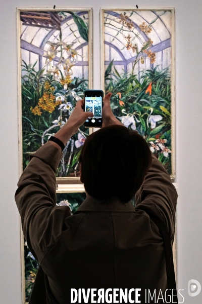 Illustration Mars2017.Une femme photographie avec son smartphone, un tableau de Caillebotte intitule Orchidees