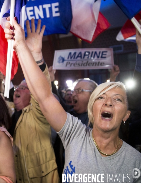 Soirée électorale de Marine LE PEN après les résultats du premier tour des élections présidentielles de 2017.