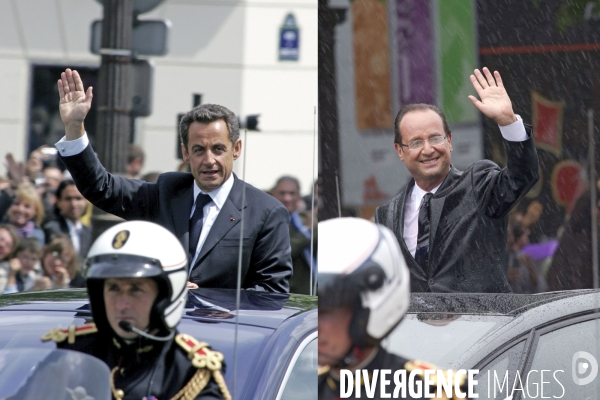 Nicolas Sakozy et François Hollande sur les Champs Elysées.