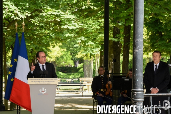 Emmanuel Macron et François Hollande assistent au XIIème journée des mémoires de la traite de l esclavage