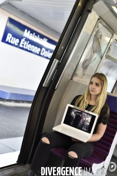 Action cause animale dans le métro. Sensibilisation à l aide de vidéos captées en abattoirs et élevages. Video of Truth on slaughterhouses and breeding.