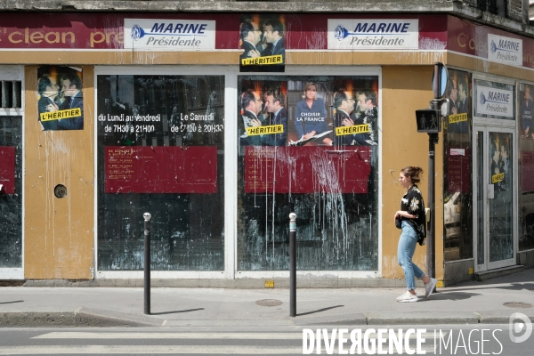 Illustration Mai2017.La vitrine du clean pressing ferme , sert de support aux affiches pour la campagne des presidentielles 2017.