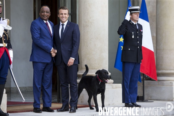 Le Président de la République Emmanuel MACRON et son nouveau chien NEMO, sur le perron de l Elysée