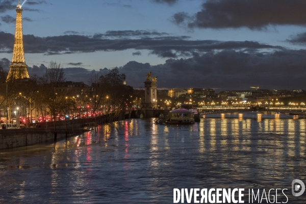 Paris la Seine en crue le 26 janvier 2018 au soir