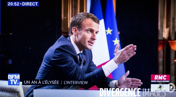 Photo d écran de l interview du président de la république Emmanuel MACRON par Jean-Jacques BOURDIN et Edwy PLENEL.