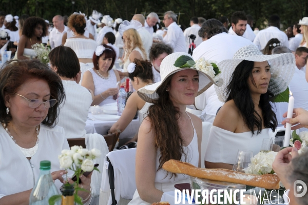 Le Dîner en Blanc fête ses 30 ans à Paris. White Dinner (Diner en Blanc), at the Invalides gardens in Paris,