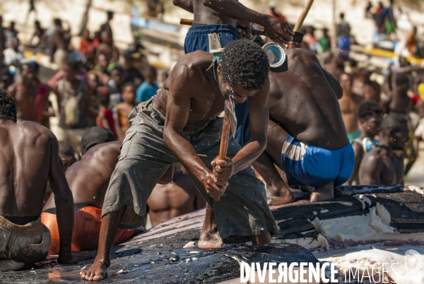 Découpe d une baleine à bosse par les pêcheurs Vezo devant les villageois - Humpback whale cut by Vezo fishermen in front of villagers