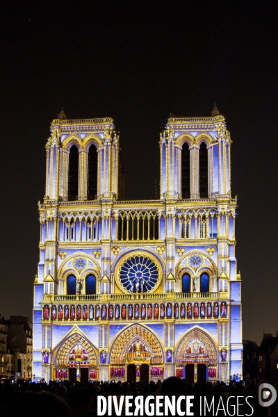 Le spectacle Dame de Coeur de Bruno SEILLIER sur la façade de Notre Dame de Paris.