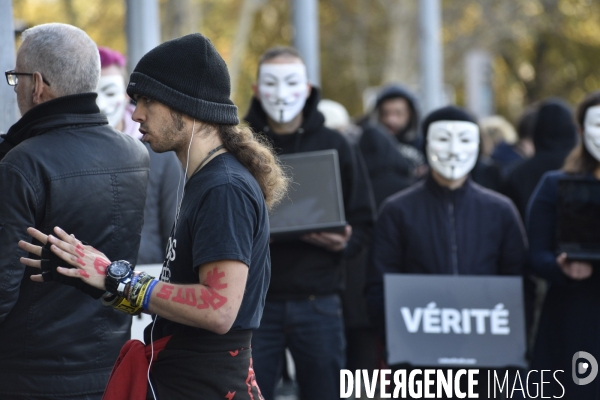 Action cause animale, ANONYMOUS FOR THE VOICELESS, Cube of Truth. International cube day November 3RD 2018 PARIS. Animals rights.