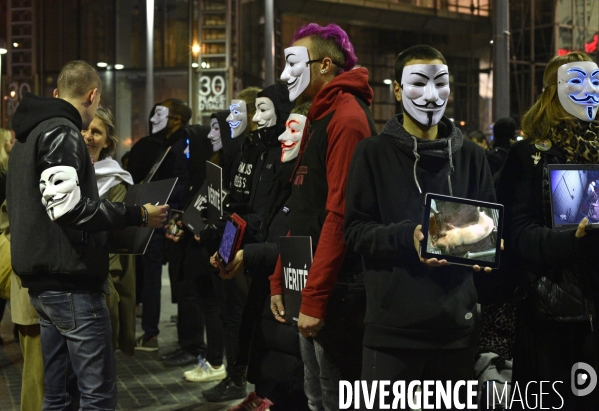 Action cause animale, ANONYMOUS FOR THE VOICELESS, Cube of Truth. International cube day November 3RD 2018 PARIS. Animals rights.