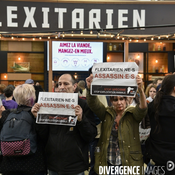 Activistes Vegans au Salon de l Agriculture 2019, devant le stand INTERBEV/FLEXITARIEN. Animals rights