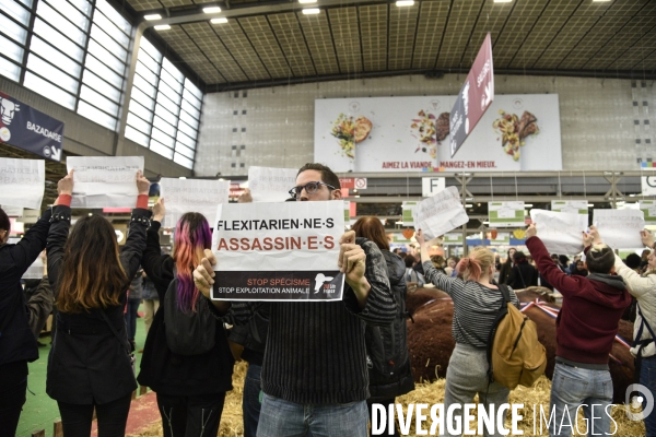 Activistes Vegans au Salon de l Agriculture 2019, devant le stand INTERBEV/FLEXITARIEN. Animals rights