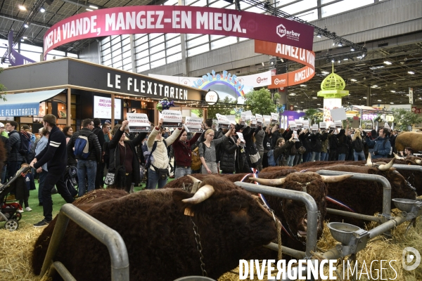 Activistes Vegans au Salon de l Agriculture 2019, devant le stand INTERBEV/FLEXITARIEN. Animals rights