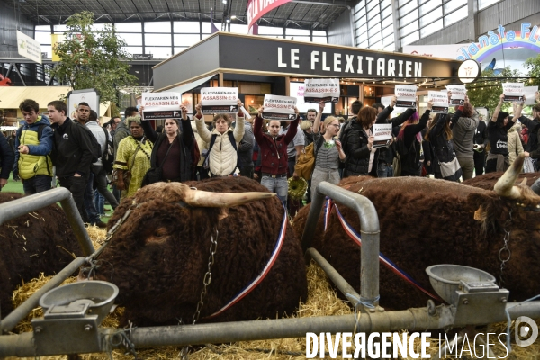 Activistes Vegans au Salon de l Agriculture 2019, devant le stand INTERBEV/FLEXITARIEN. Animals rights